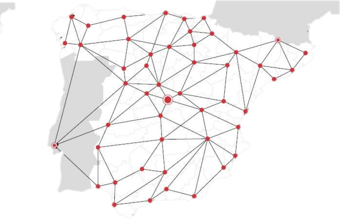 Mapa de la península con los nodos y las conexiones de la red Pall-Ex